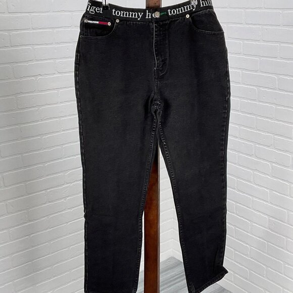 Tommy Jeans Juniors 13 31Wx29.5L Black Logo Tape Waist Cotton Taper 80s VTG - Picture 1 of 12